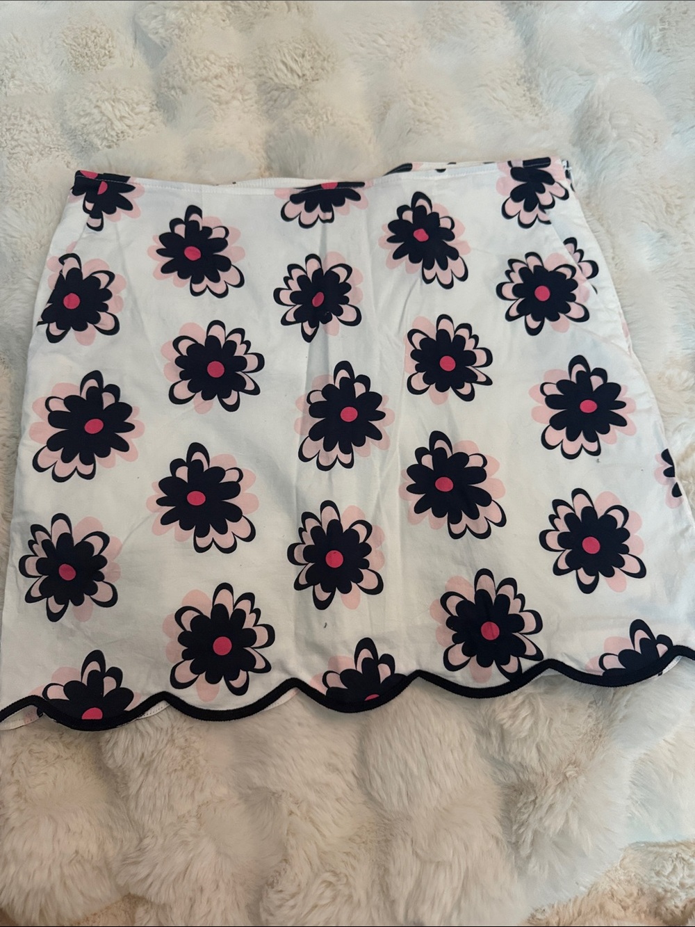 Floral Scalloped Mini Skirt in White with Pink & Black Flowers